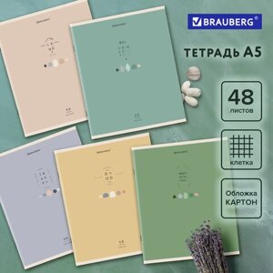 Тетрадь А5 48 л. BRAUBERG скоба, клетка, обложка картон, Natural (5 видов в спайке), 404359