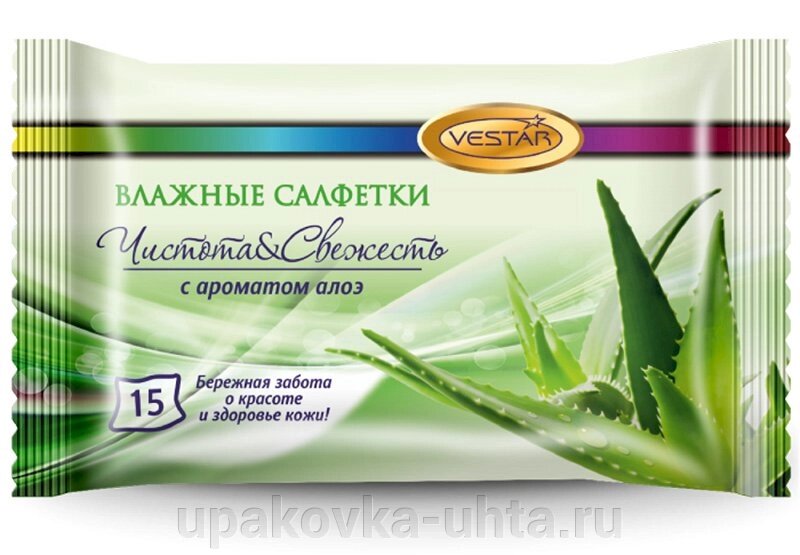 Салфетки влажные "Алоэ Вера" (15шт) /100уп в кор от компании "ПолиПак" ПАКЕТЫ - фото 1