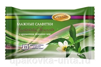 Салфетки влажные "Зеленый чай" (15шт) /100уп в кор от компании "ПолиПак" ПАКЕТЫ - фото 1