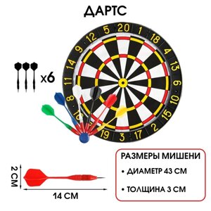 Дартс, d-43 см, толщина 3 см, 6 дротиков, дротик 14 х 2 см