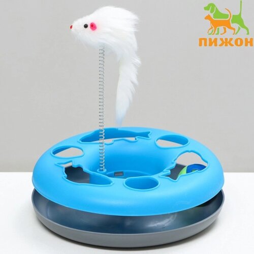 Игрушка для кошек "Загадочный круг - Рыбки", мышь на пружине и шарик, 23 х7 см, голубая/серая