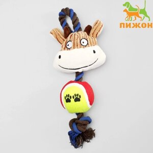 Игрушка для собак 3-в-1 "Корова"канатная, мягкая с пищалкой, войлочный мяч, 30 см