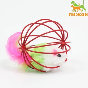 Игрушка "Мышь в шаре с перьями", 6 см, красный шар