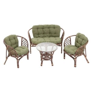 Набор садовой мебели "Bagama"2 кресла, 1 диван, 1 стол, ротанг тёмный, подушки зелёные