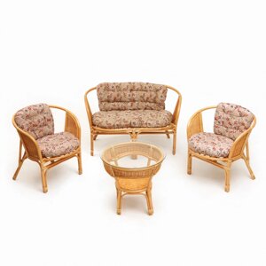 Набор садовой мебели Bahama Wicker: 2 кресла, диван, стол, ротанг светлый, подушки с узором