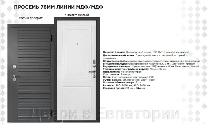 Входная дверь 7см ПРОСЕМЬ МДФ панель сатин графит горизонталь / Эмалит Белый классика КСМ от компании Двери в Евпатории - фото 1