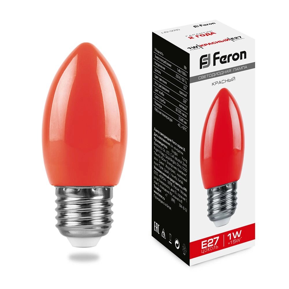 Лампа светодиодная FERON LB-376, C35 (свеча), 1W 230V E27 (красный), рассеиватель матовый красный, угол рассеивания от компании ФЕРОСВЕТ ( FEROSVET) - фото 1