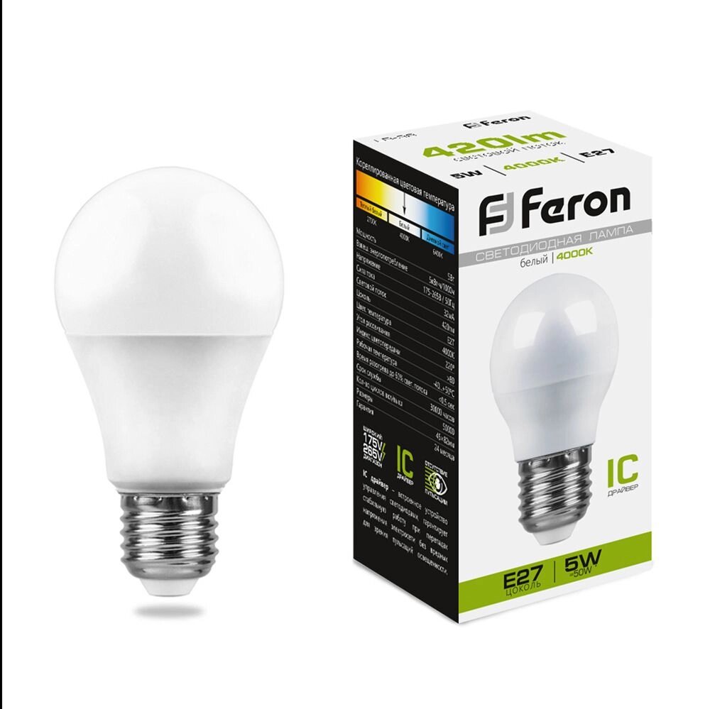 Лампа светодиодная FERON LB-38, G45 (шар малый), 5W 175-265V E27 4000К (белый), рассеиватель матовый белый, 420Lm, угол от компании ФЕРОСВЕТ ( FEROSVET) - фото 1