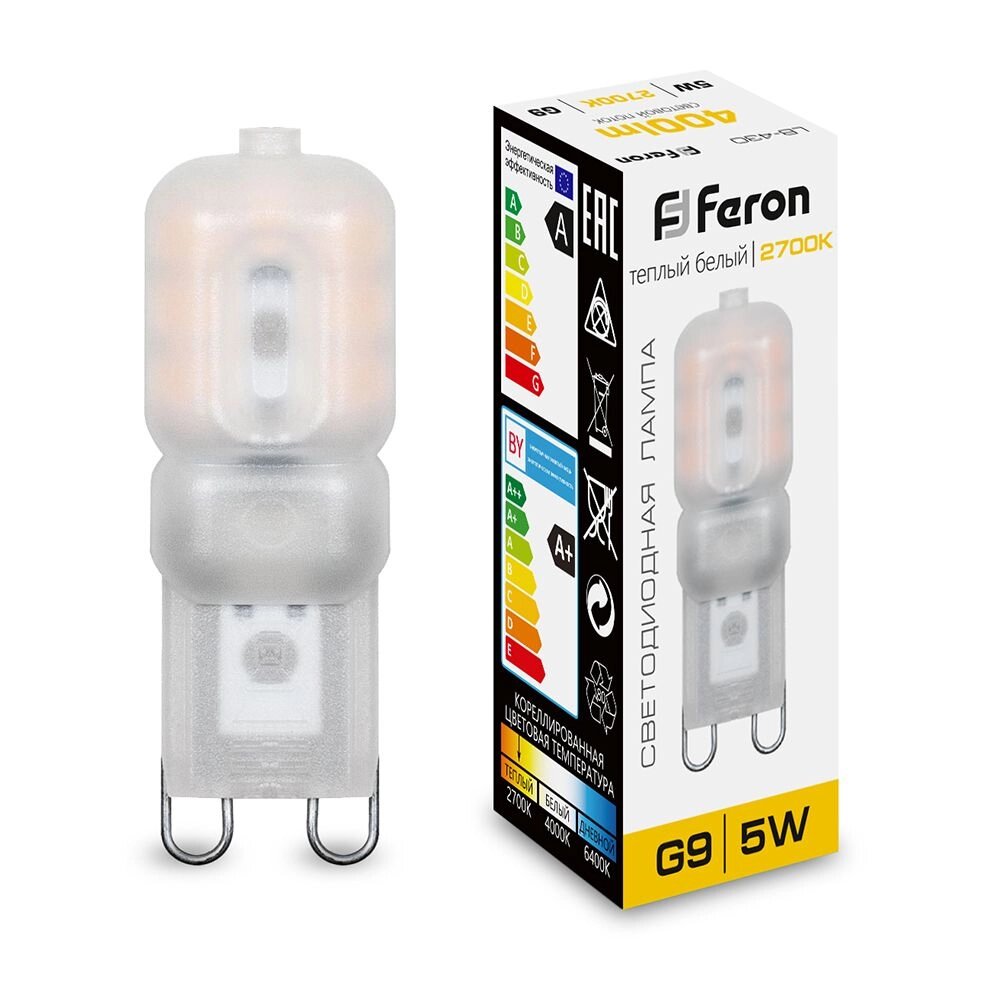 Лампа светодиодная FERON LB-430, JCD9 (капсульная), 5W 230V G9 2700К (белый теплый), рассеиватель матовый белый, 400Lm, от компании ФЕРОСВЕТ ( FEROSVET) - фото 1