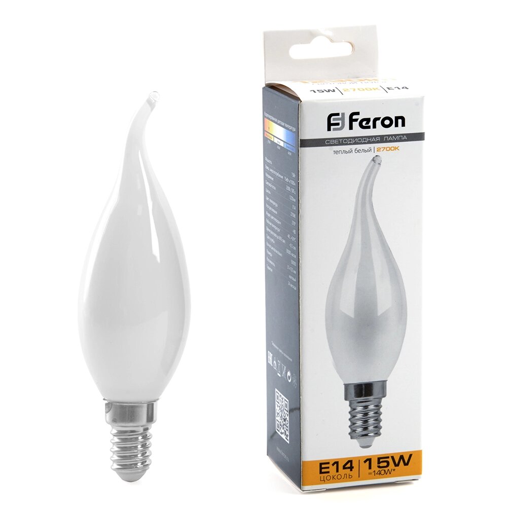Лампа светодиодная филамент FERON LB-718, C35T (свеча на ветру), 15W 230V E14 2700К (белый теплый), рассеиватель от компании ФЕРОСВЕТ ( FEROSVET) - фото 1