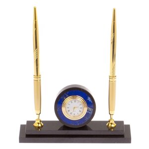Часы настольные с двумя ручками камень лазурит / подставка под ручки / интерьерные часы / подарочные часы