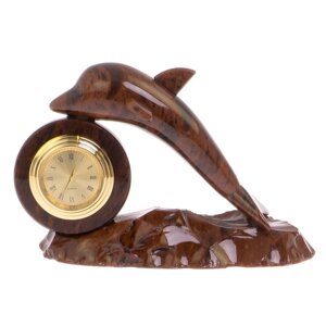 Часы сувенирные "Дельфин" из коричневого обсидиана / настольные часы / часы декоративные / кварцевые часы / интерьерные