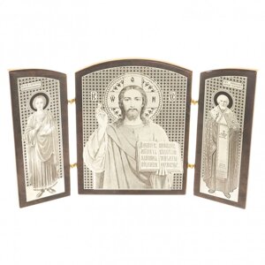 Икона складная триптих "Спаситель, Св. Пантелеймон, Св. Николай" арка камень обсидиан 122996