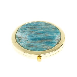 Карманное зеркальце круглое из камня голубой апатит цвет золото в подарочной упаковке
