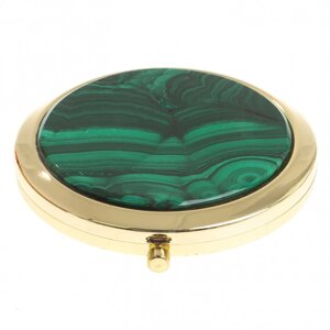 Карманное зеркальце круглое из камня малахит цвет золото в подарочной упаковке