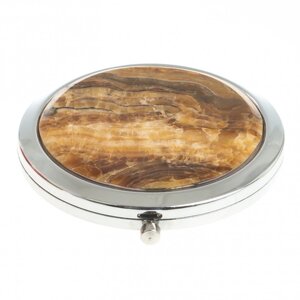 Карманное зеркальце круглое из камня оникс цвет серебро в подарочной упаковке