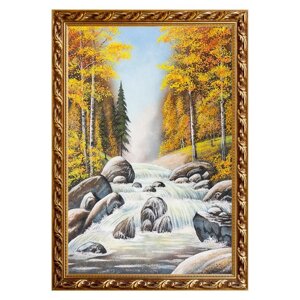Картина "Горный ручей в осеннем лесу" багет 46х66 см, каменная крошка 111195