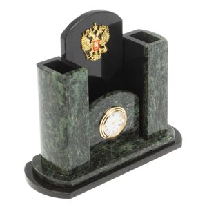 Настольные часы с карандашницей "Герб России" из шабровского змеевика 127147
