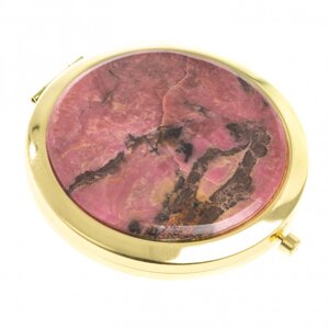 Подарочное карманное зеркальце круглое двухстороннее камень родонит цвет золото