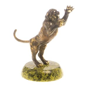 Статуэтка из бронзы "Тигр в прыжке" на подставке из змеевика / бронзовая статуэтка / декоративная фигурка / сувенир из