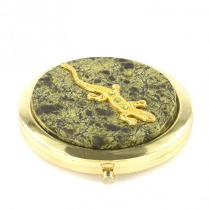 Зеркало карманное круглое с накладкой из змеевика и ящерицей золотистое 121150