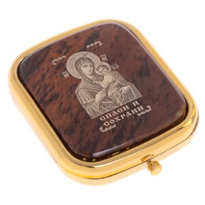 Зеркало с иконой "Спаси и сохрани Богородица" из коричневого обсидиана / зеркало карманное для сумочки / зеркальце