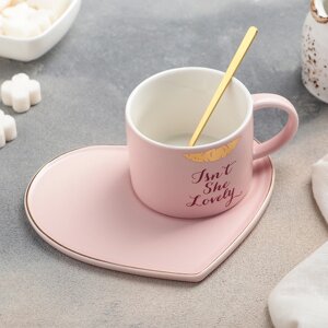 Чайная пара керамическая с ложкой «Поцелуй», 2 предмета: кружка 200 мл, тарелка 15,513,5 см, цвет МИКС