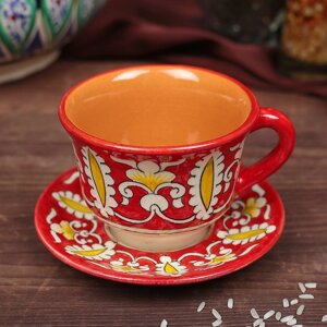 Чайная пара Риштанская Керамика "Узоры", 100 мл, тарелка 10см, чашка 7,5см), красная
