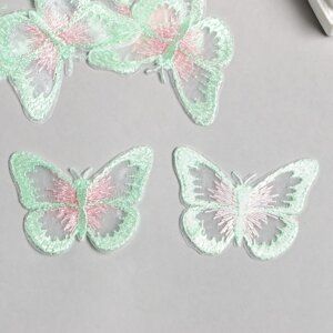 Декор для творчества текстиль вышивка "Бабочка зелёно-розовая" 4,3х5,5 см (10 шт)