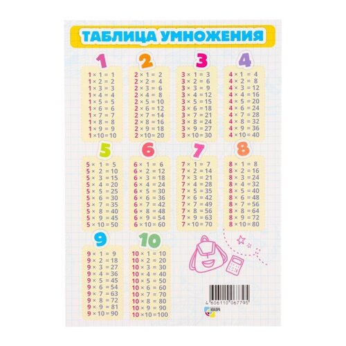 Карточка шпаргалка "Таблица умножения" 14,8х21 см (20 шт)