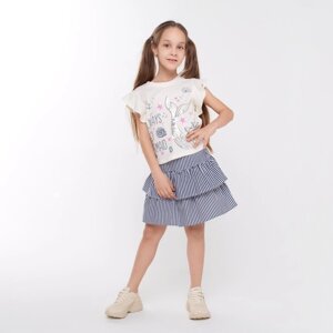 Комплект для девочки (футболка/юбка), цвет светло-бежевый/синий, рост 110 см