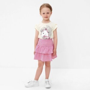 Комплект (футболка/юбка) для девочки, цвет светло-бежевый/розовый/белый, рост 110