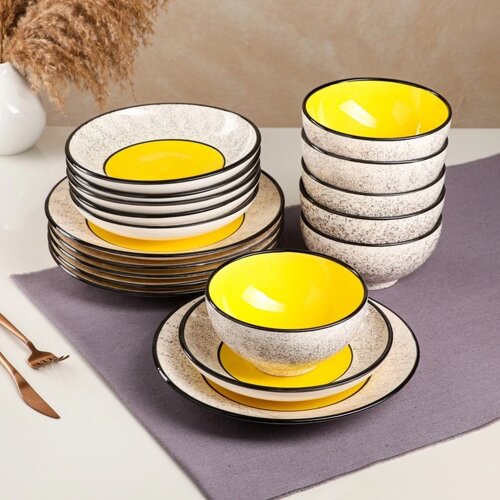 Набор посуды "Восточный", керамика, желтый, 18 предметов: 6 шт-20 см, 6 шт-25 см, 6 шт-15 см 700 мл , 1 сорт, Иран