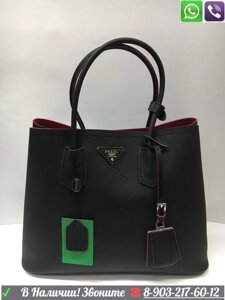 Черная сумка Prada Double Cuir Прада Saffiano на ремне с красным подкладом Бордовый