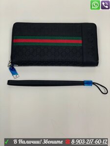 Кошелек Gucci Мужской Клатч Черный с красной зеленой полоской