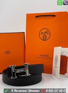 Ремень Hermes кожаный черный с пряжкой серебро