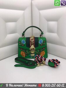 Сумка Gucci Sylvie с цветами Gucci клатч Темно-зеленый