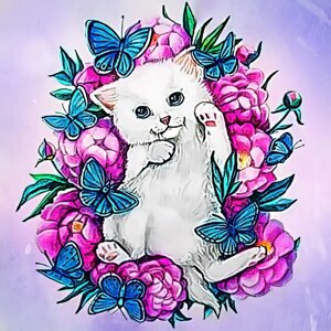 Алмазная мозаика «Котёнок в цветах» 20 20 см