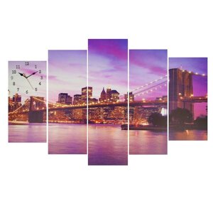 Часы настенные, модульные, серия: Город "Огни ночного город и архитектура", 80х140 см