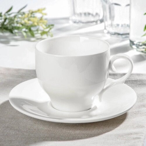 Чайная пара фарфоровая Wilmax, 2 предмета: чашка 330 мл, блюдце d=15,6 см, цвет белый (комплект из 6 шт.)