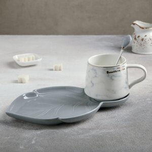 Чайная пара керамическая «Листочек», 3 предмета: чашка 320 мл, блюдце 25,516 см, ложка, цвет серый