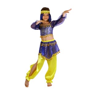 Карнавальный костюм "Восточная красавица. Шахерезада", топ с рукавами, штаны, повязка, цвет сине-жёлтый, р-р 32, рост