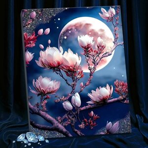 Картина по номерам с кристаллами из хрусталя, 40 50 см «Цветущая магнолия» 19 цветов