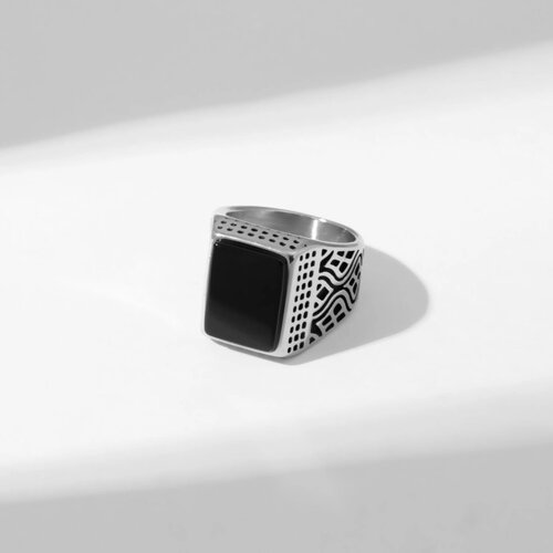 Кольцо мужское «Перстень» волны, цвет чёрный в серебре, 21 размер