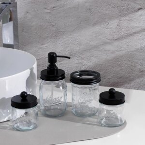 Набор аксессуаров для ванной, 4 предмета (дозатор, стакан для щёток, 2 банки), цвет чёрный