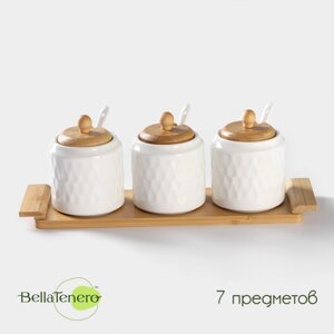 Набор банок фарфоровых для сыпучих продуктов на бамбуковой подставке BellaTenero «Тюльпан», 7 предметов: 3 банки 300