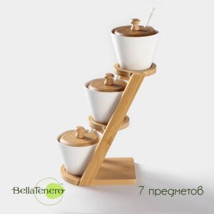 Набор банок фарфоровых для сыпучих продуктов с ложками на бамбуковой подставке BellaTenero, 7 предметов: 3 банки 150