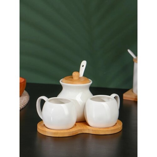 Набор фарфоровый чайный на бамбуковой подставке BellaTenero, 4 предмета: 2 чашки 100 мл, сахарница с ложкой 240 мл,