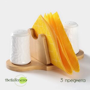 Набор фарфоровый для специй на бамбуковой подставке BellaTenero, 3 предмета: солонка 100 мл, перечница 100 мл,