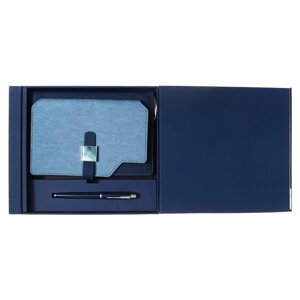 Органайзер на кольцах А6+80 листов, кожзам, c хлястиком, линия, с ручкой, в подарочной коробке, синий